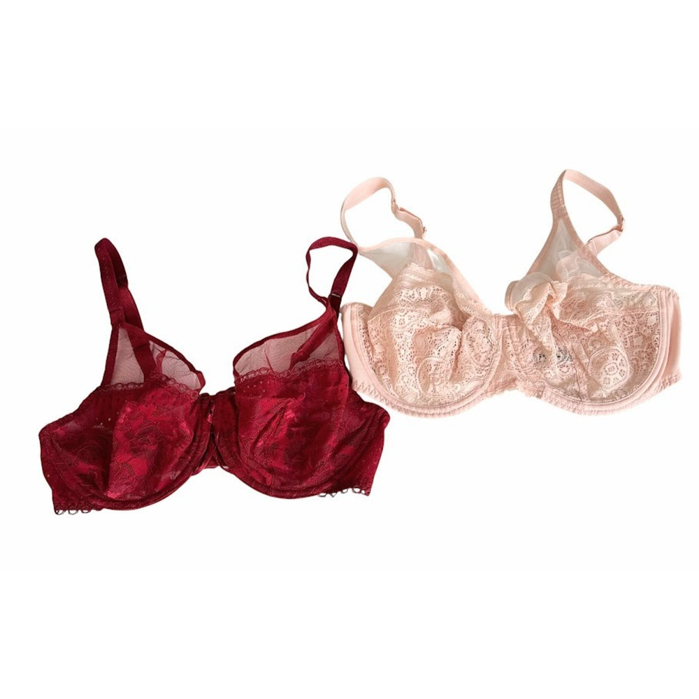 Maisonlejaby Lace Bra 32DD Lot Of 2 Burgundy Peach Mesh Underwire Sexy